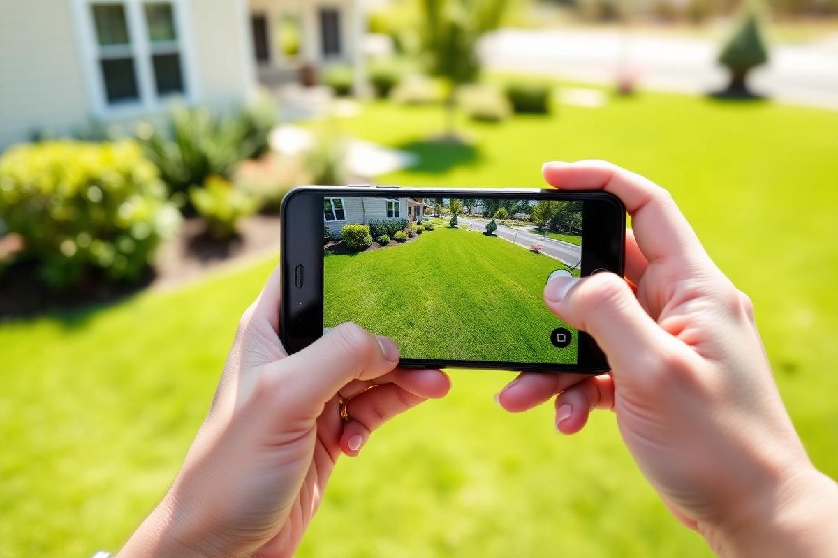 Homeowner photographing their green lawn with a smartphone