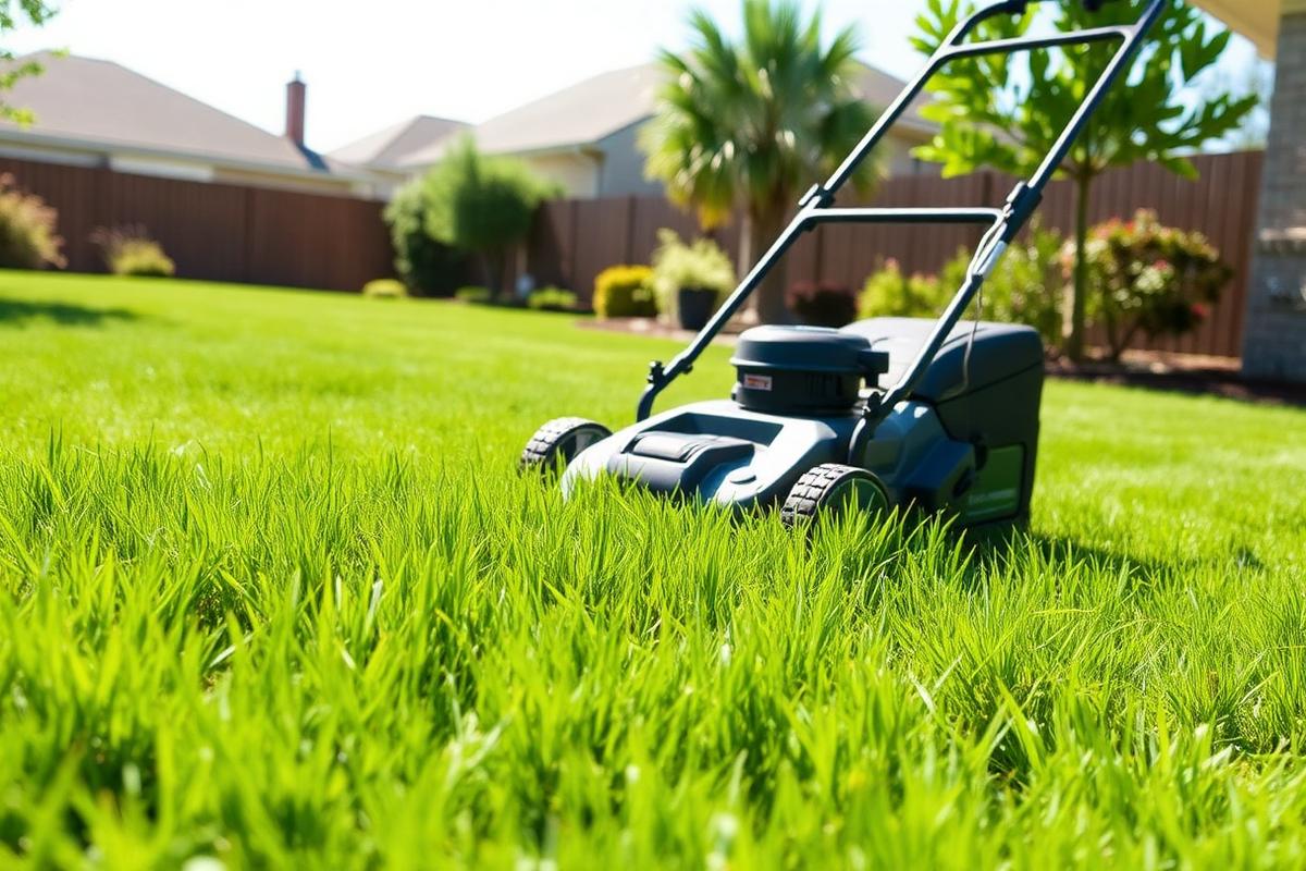Lawn mower cutting fresh green grass in a backyard