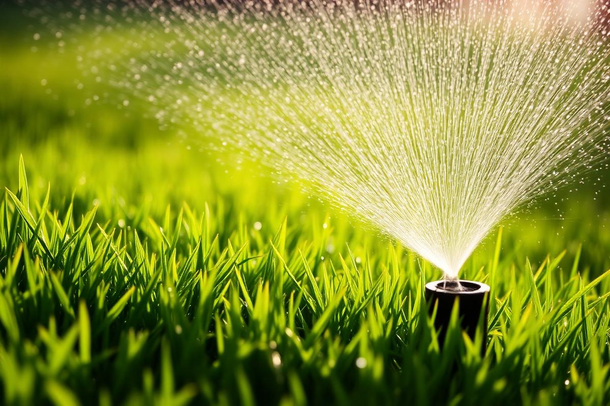 Sprinkler watering a green lawn in morning sunlight