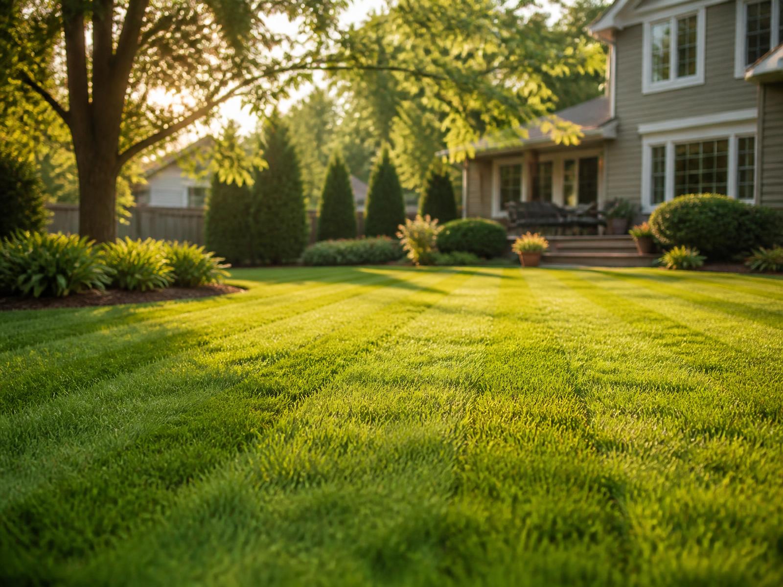 Backyard lawn with tree shade falling across sunlit grass