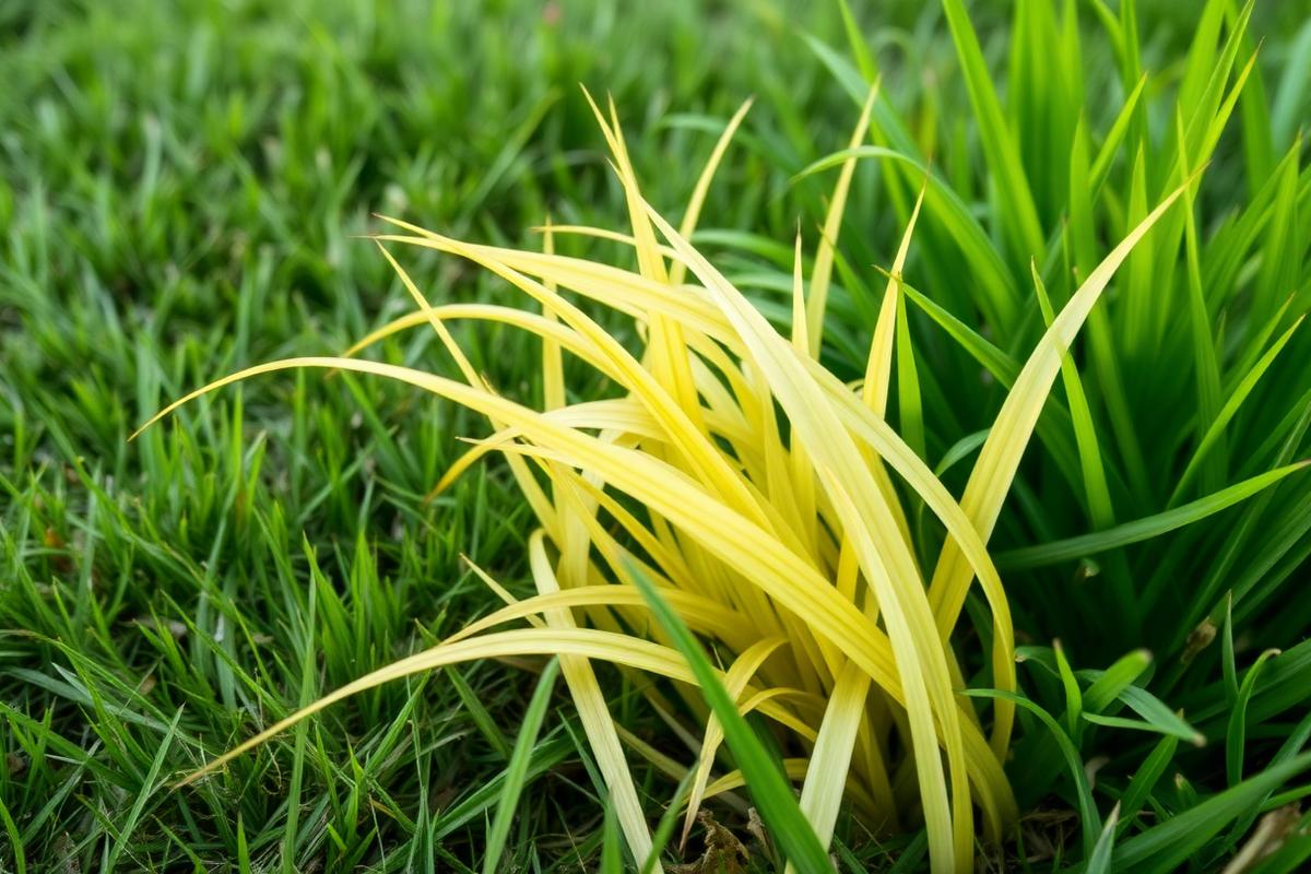 Yellow grass blades next to healthy green grass